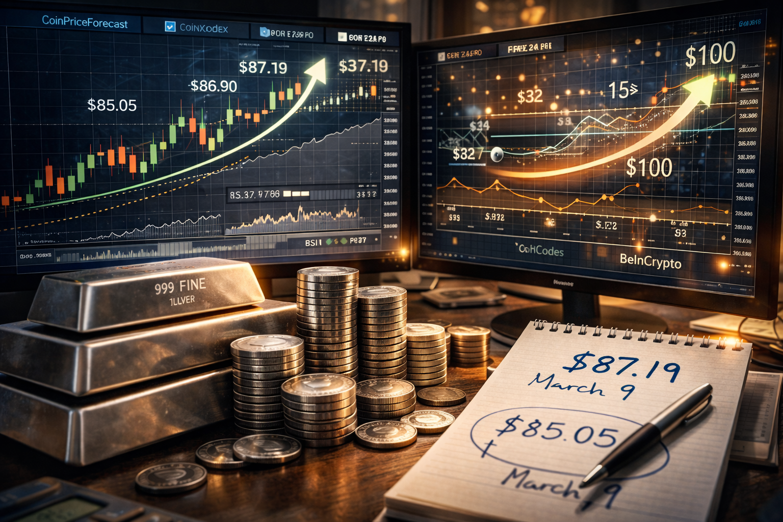 Silver price forecast and technical market analysis showing silver bars, coins, and financial charts predicting short term precious metals price movement