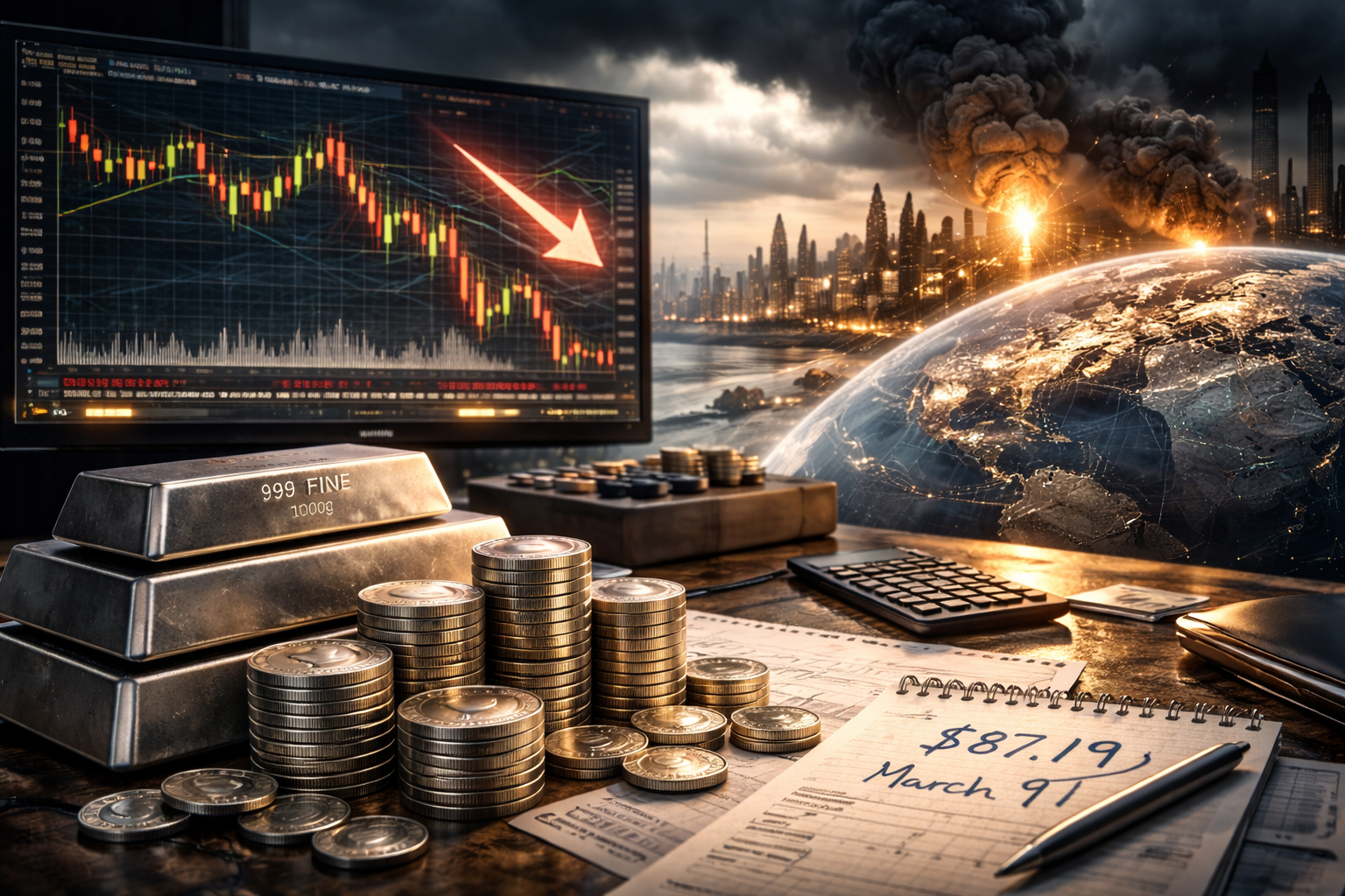 Silver bars and coins beside financial market charts illustrating silver price volatility during global economic uncertainty