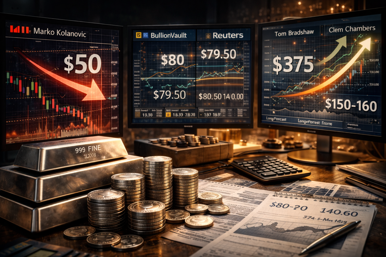 Silver price forecasts from multiple analysts shown with financial charts and physical silver bars illustrating bullish and bearish market predictions