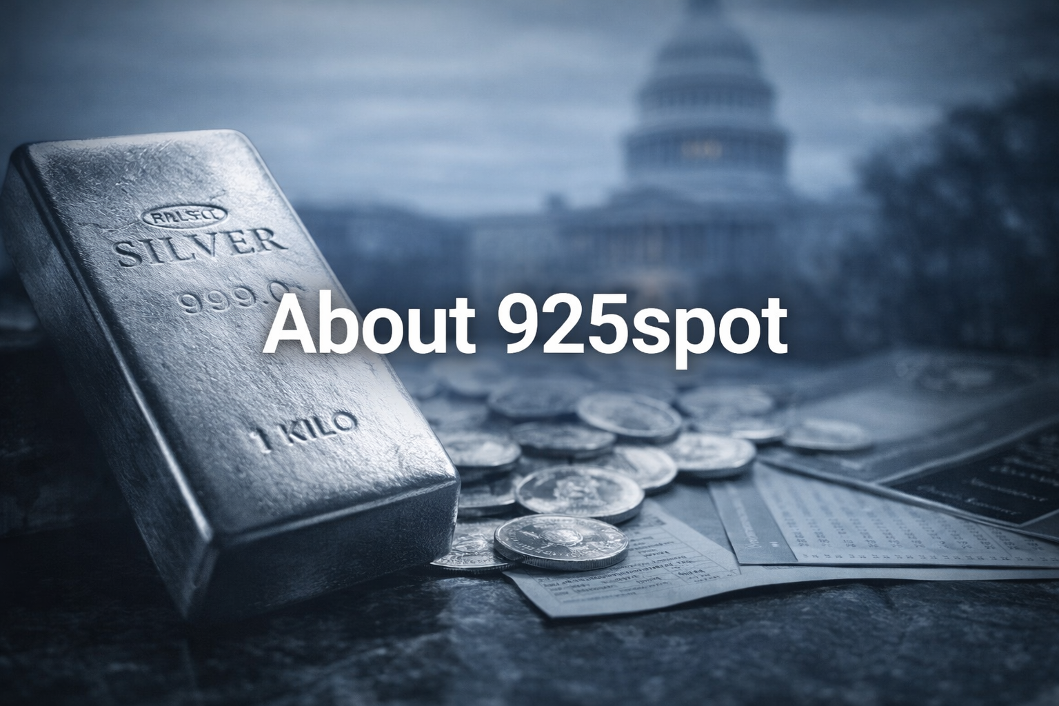 1 kilogram silver bar and silver coins on financial documents with institutional backdrop representing silver investing research and precious metals analysis