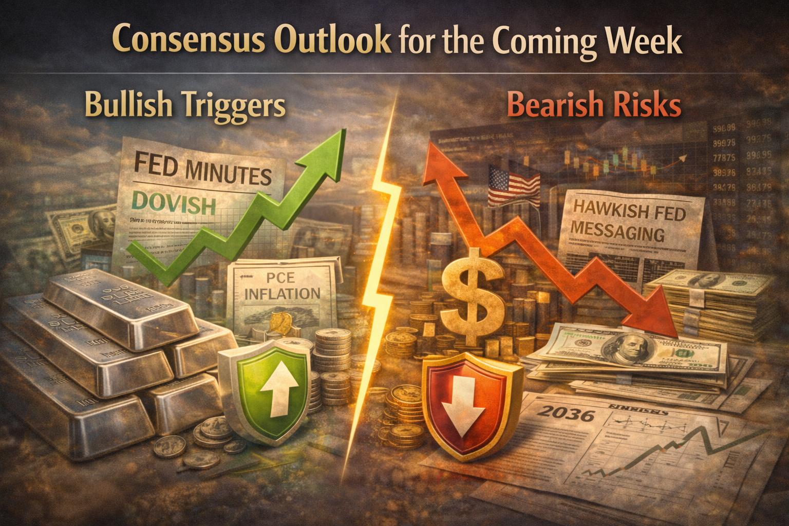 A realistic silver market outlook image showing bullish and bearish scenarios, key risk triggers, and consensus expectations for silver prices in the coming week.