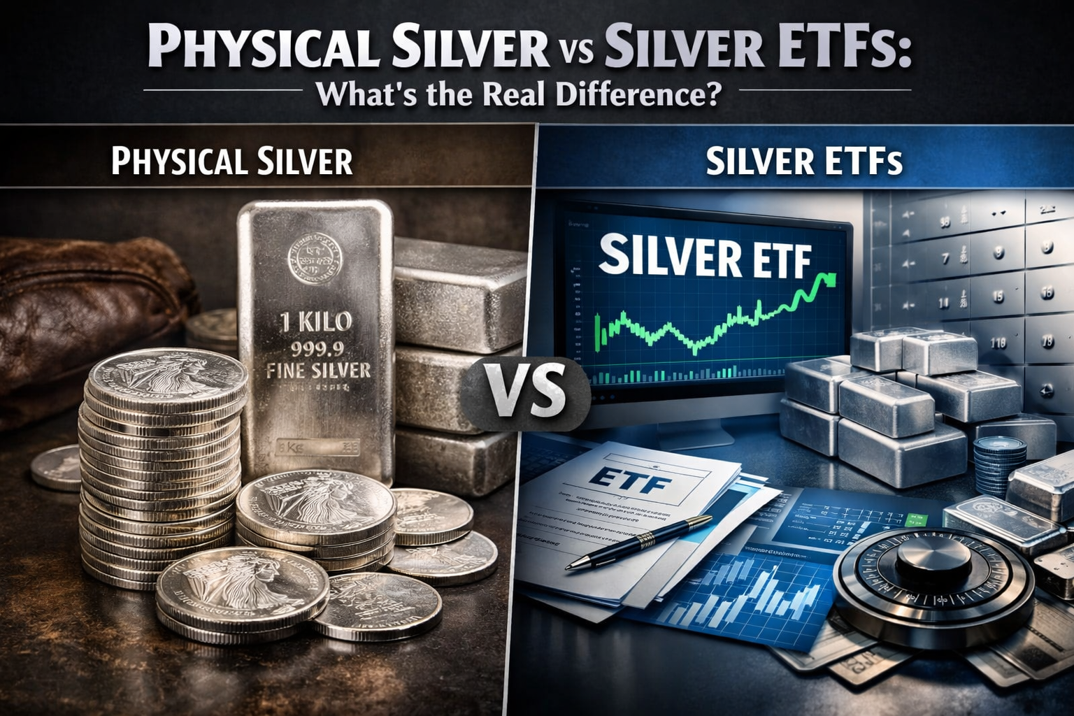 Physical silver coins and bars compared to silver ETF investments, showing the difference between owning real silver bullion and paper silver funds