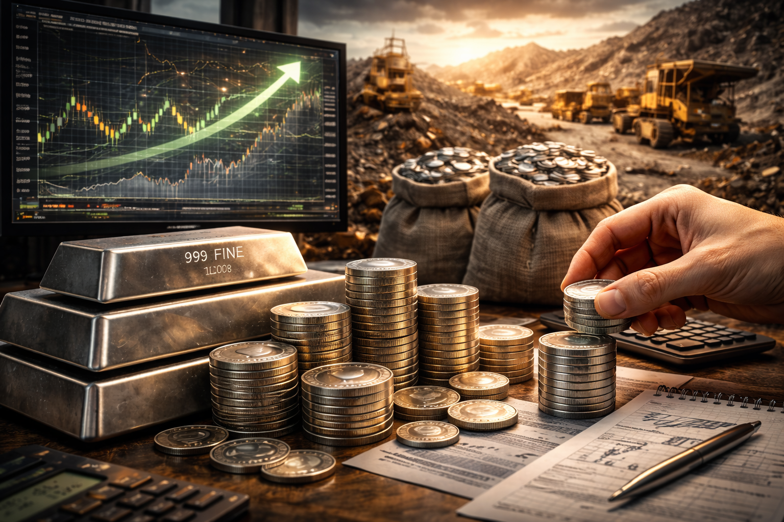 Silver bars and coins stacked with silver mining operation and rising price chart illustrating silver supply deficit and long term bullish investment outlook