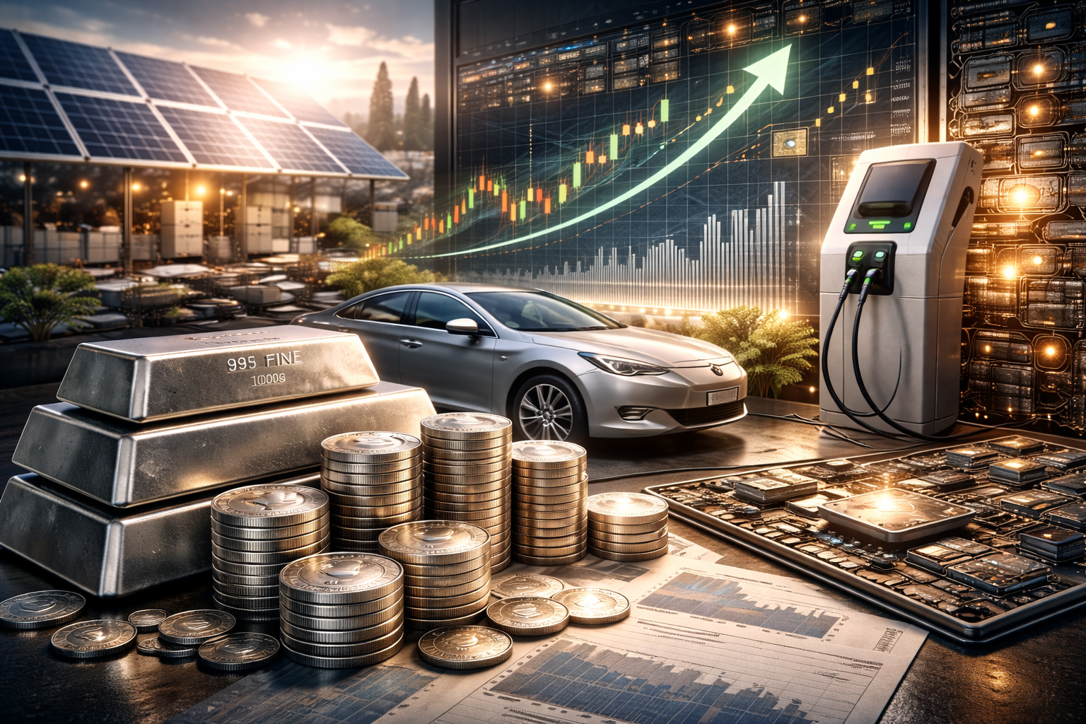Silver demand rising due to solar energy, electric vehicles, and electronics with silver bars and coins representing industrial silver market growth