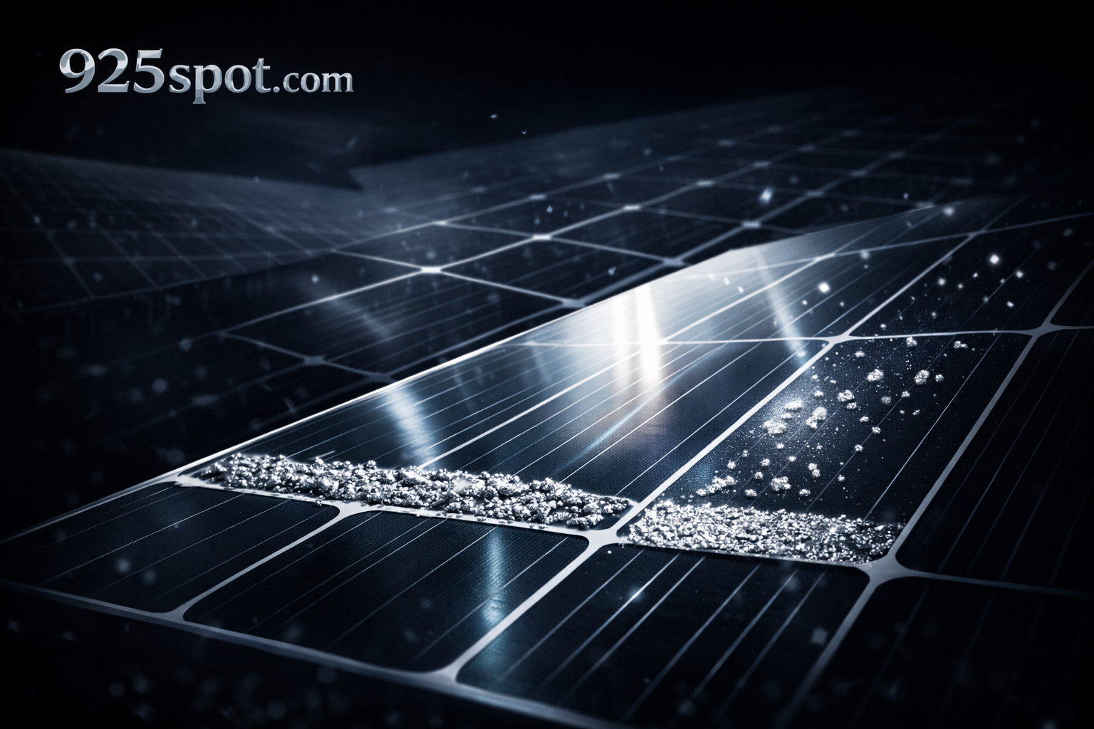Close-up of a modern solar panel showing silver conductive paste used in photovoltaic cells, illustrating how solar technology drives global industrial silver demand in 2026 while new manufacturing methods reduce silver usage through thrifting.