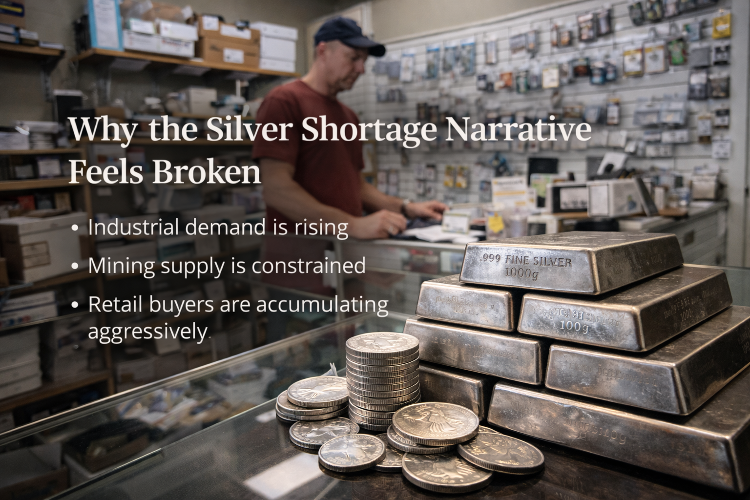 Silver bars and coins in a coin shop illustrating why the silver shortage narrative feels broken despite strong demand