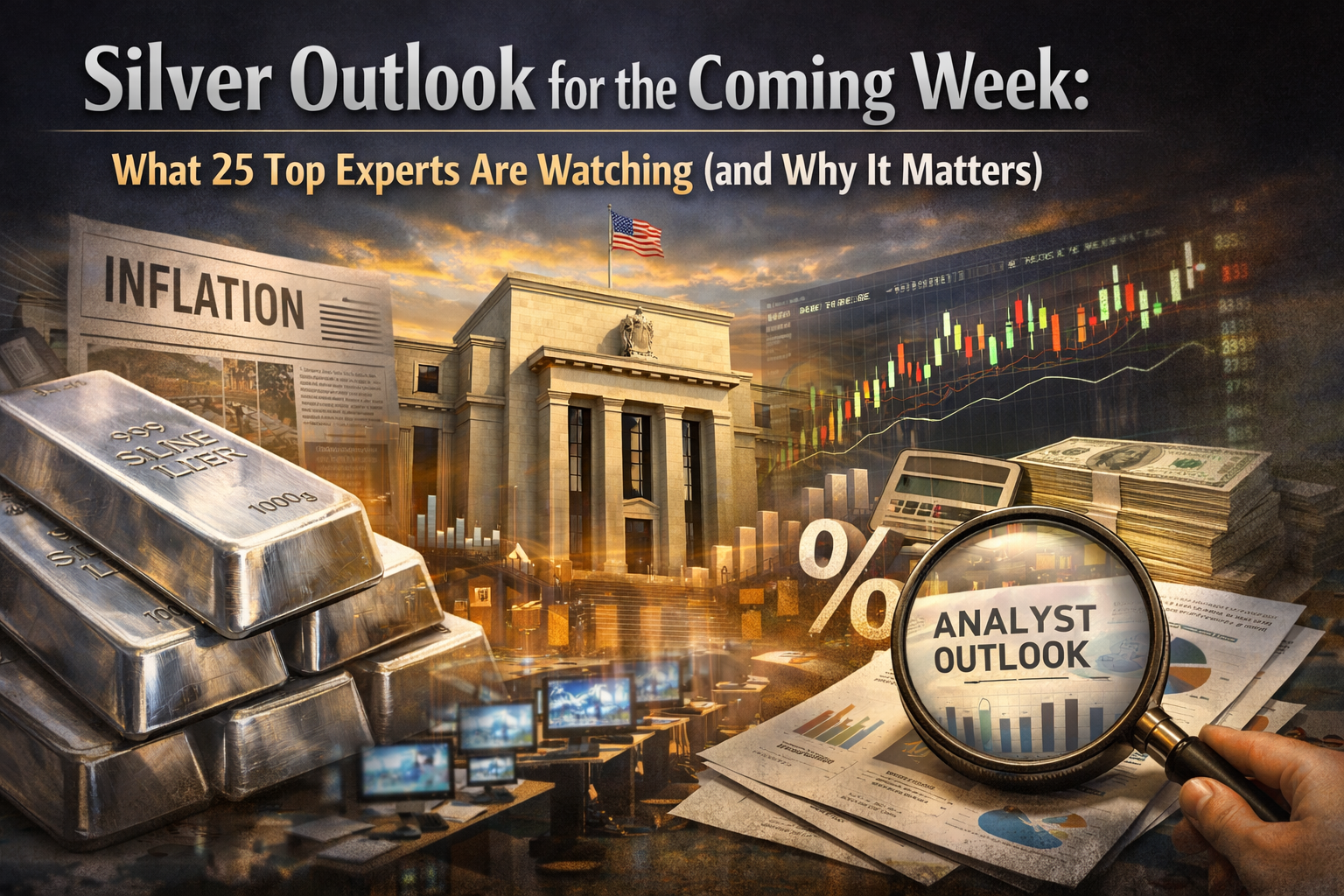 A realistic silver market outlook image highlighting Federal Reserve policy, inflation data, and analyst forecasts shaping silver prices in the coming week.