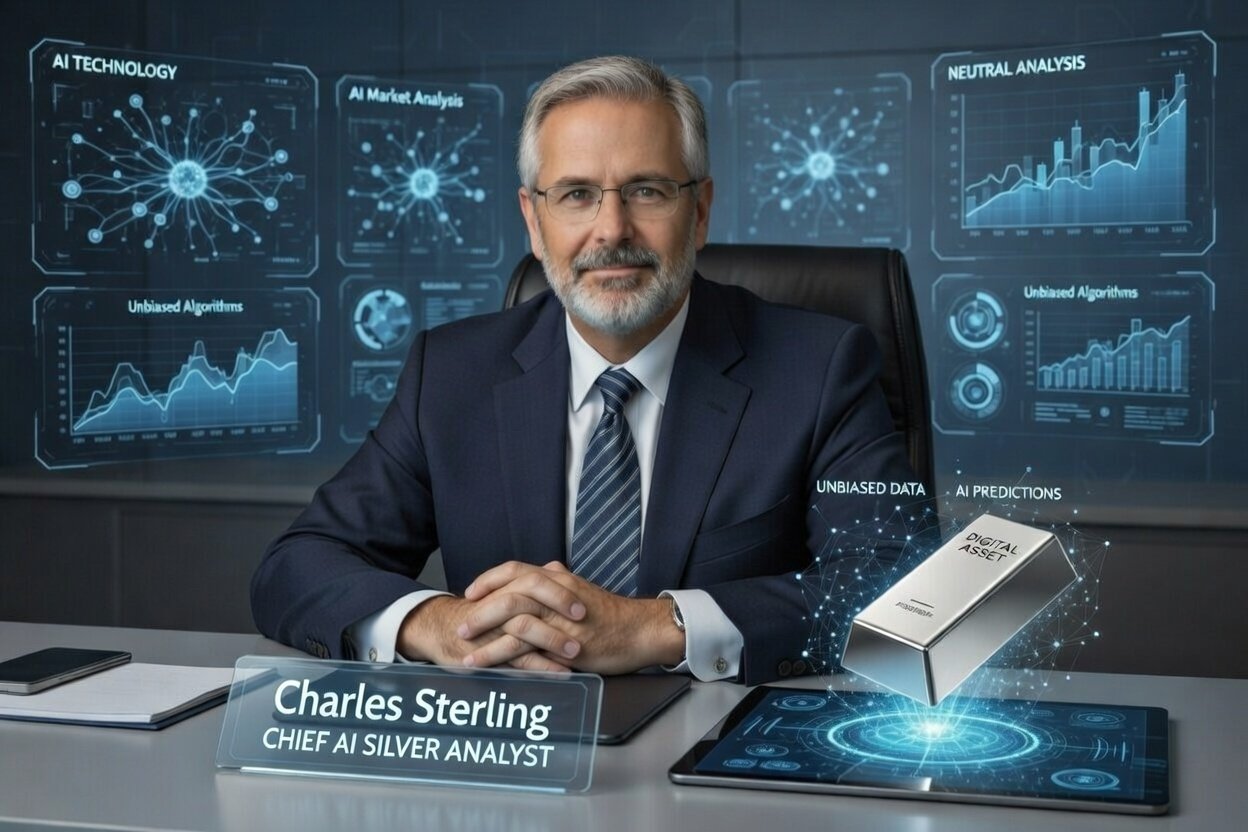 Charles Sterling, Chief AI Silver Analyst, at desk with unbiased AI technology overlays and silver bar