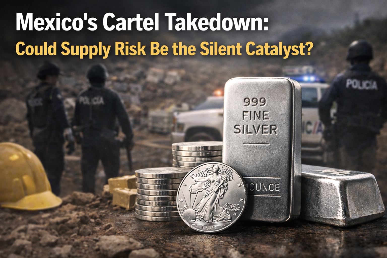 999 fine silver bar and coins with blurred Mexico mining scene representing cartel disruption and global silver supply risk 2026