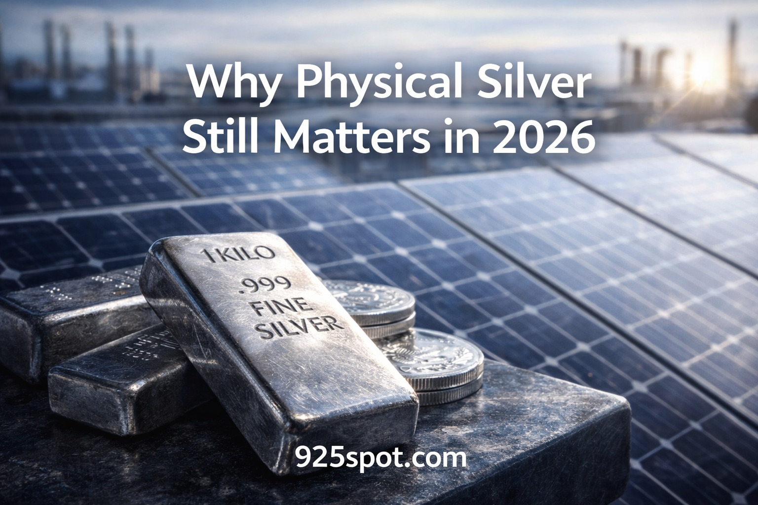 1 kilo .999 fine silver bar displayed in front of solar panels illustrating the industrial demand driving physical silver investment in 2026.