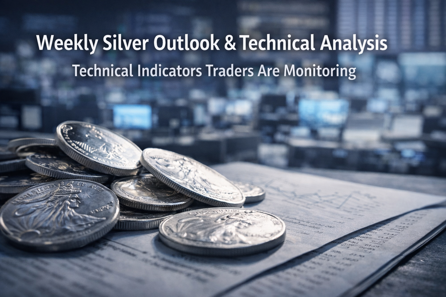 Silver coins on financial documents with blurred trading floor background representing weekly silver technical analysis and price outlook