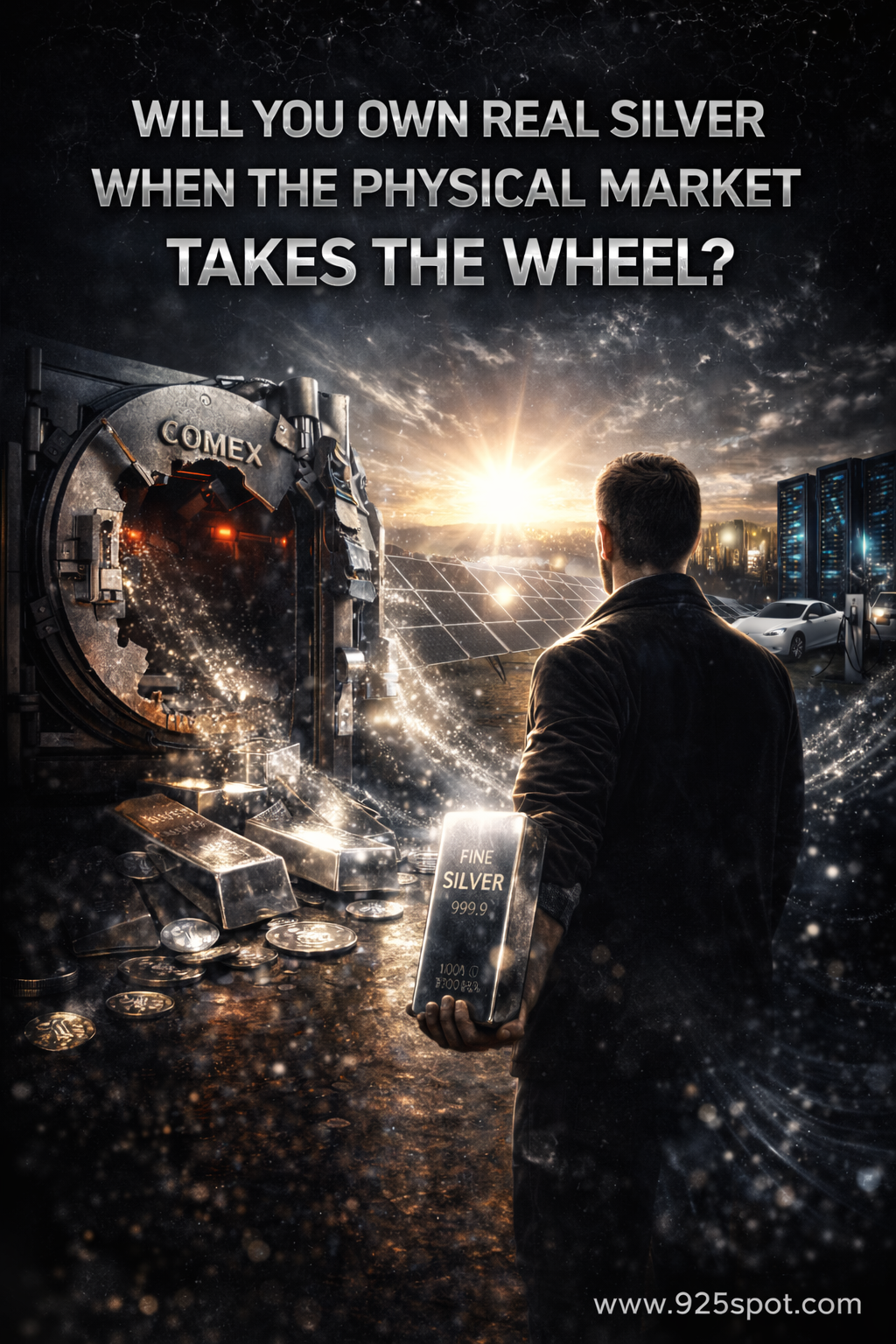 Cinematic illustration of a silver investor holding a physical silver bar as a COMEX vault opens behind him and industrial demand from solar panels, electric vehicles, and AI data centers rises.