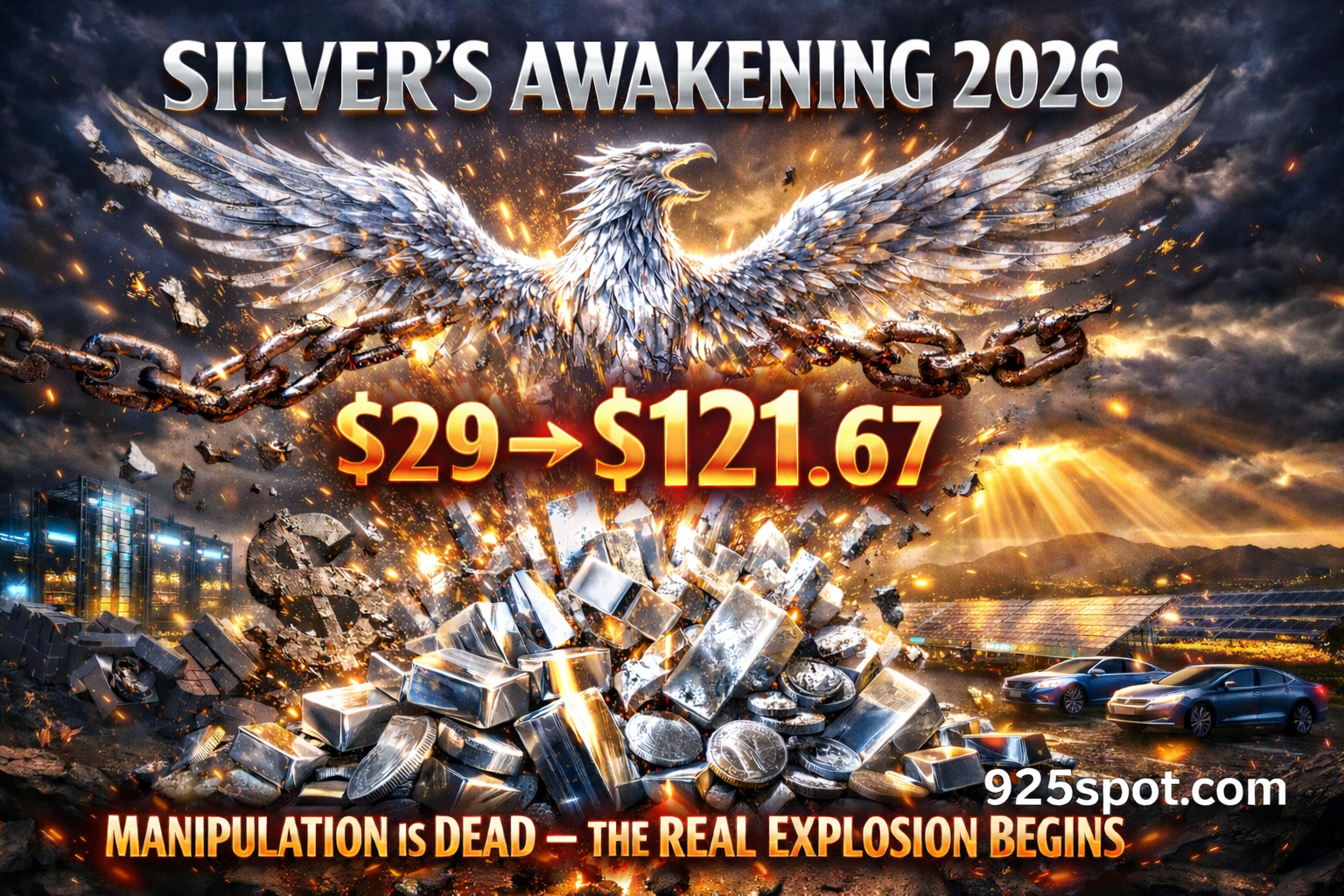 Silver price breakout 2026 illustration showing silver phoenix rising above silver bars and coins with $29 to $121 price projection representing a potential silver bull run driven by solar, AI data centers, and electronics demand