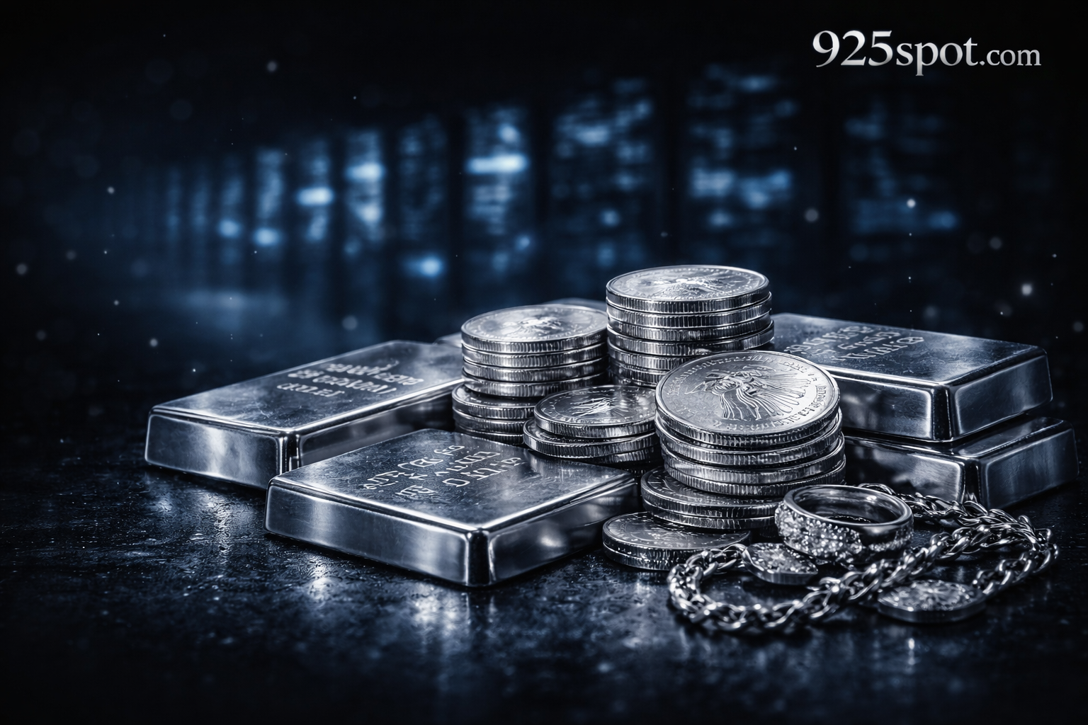Stacks of physical silver bars and coins in the foreground with a blurred AI data center glowing blue in the background, symbolizing how artificial intelligence infrastructure is increasing industrial silver demand.