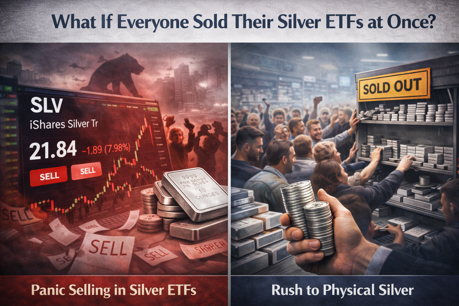 Conceptual image illustrating silver ETF market volatility contrasted with increased demand for physical silver bullion during a hypothetical shift from paper to physical ownership