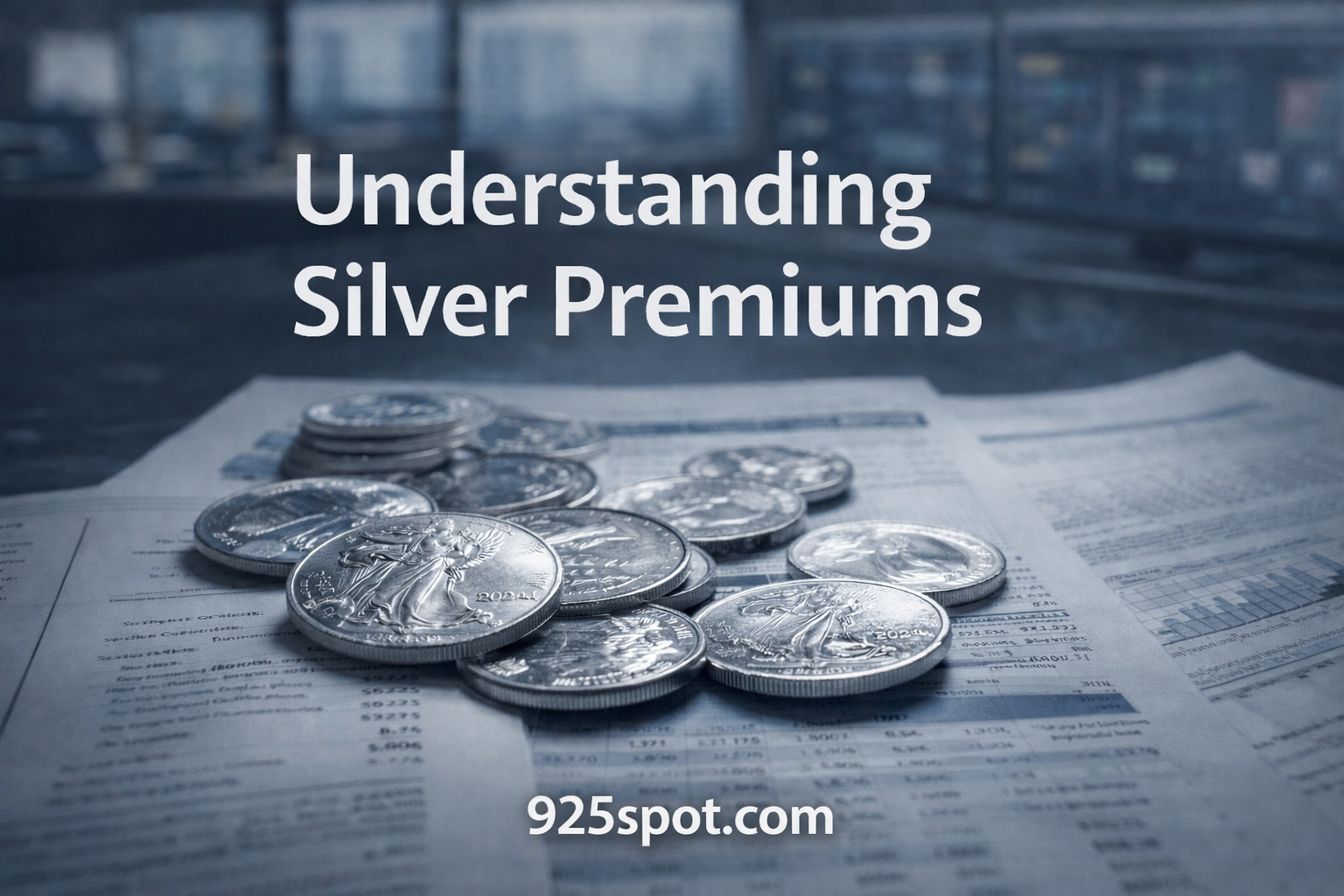 Silver coins placed over financial market documents illustrating the concept of silver premiums above spot price in physical silver investing.