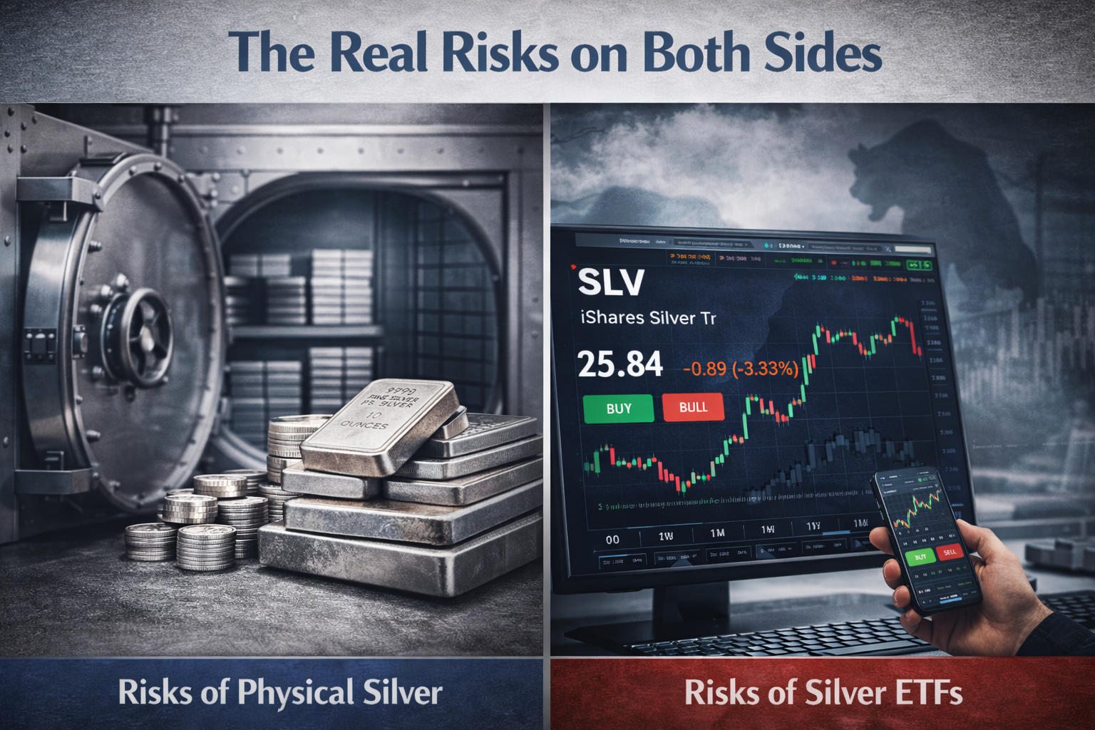 Comparison image illustrating the risks of physical silver ownership and silver ETFs, including storage challenges, counterparty exposure, and reliance on financial systems