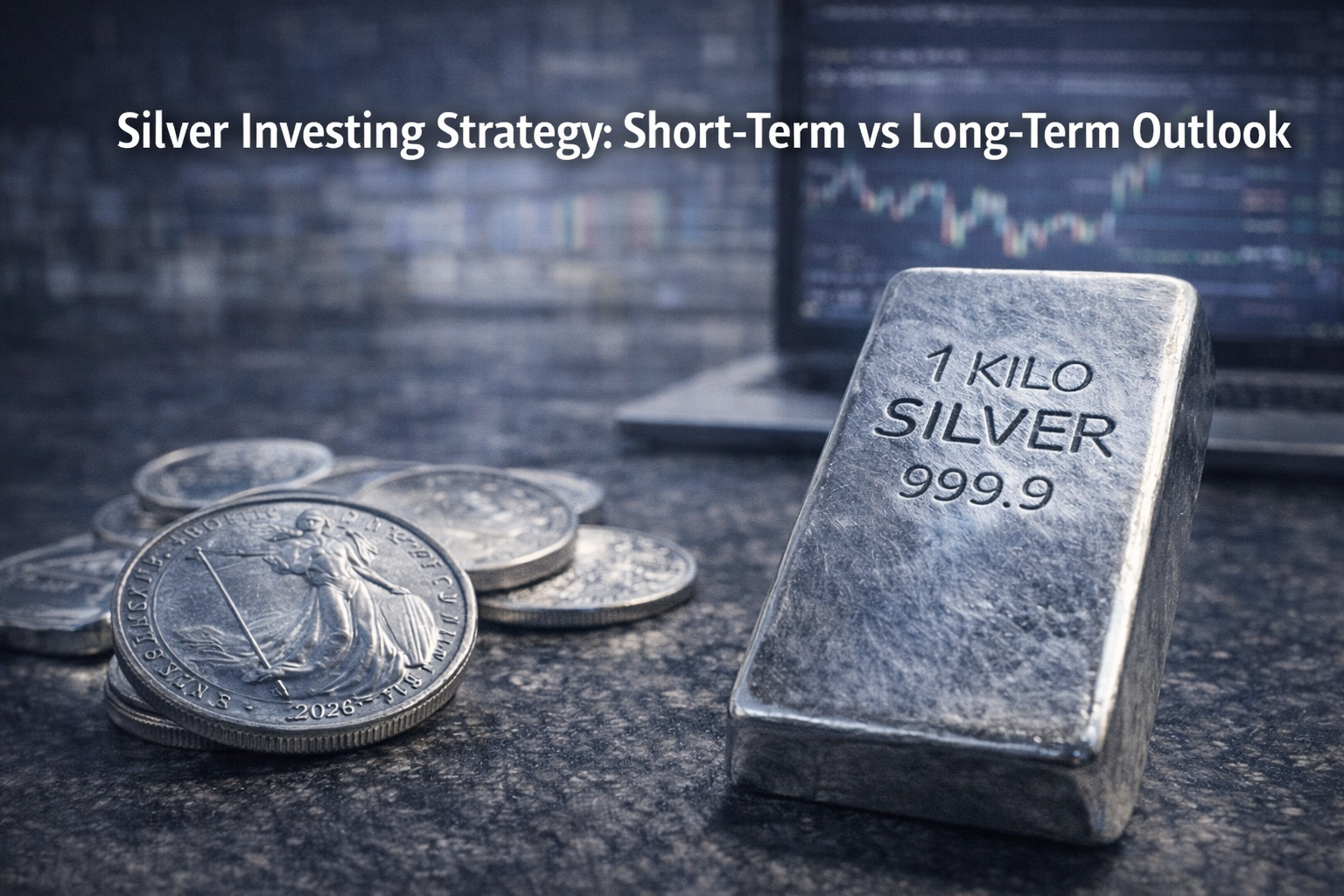 1kg silver bar and silver coins on financial surface with blurred market chart background illustrating short-term and long-term silver investing strategy
