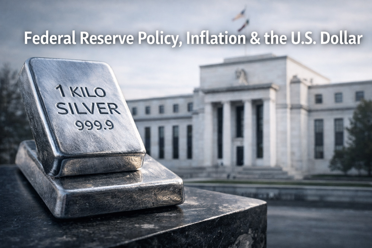 1kg silver bars in sharp focus with blurred Federal Reserve building background representing inflation and U.S. dollar impact on silver prices