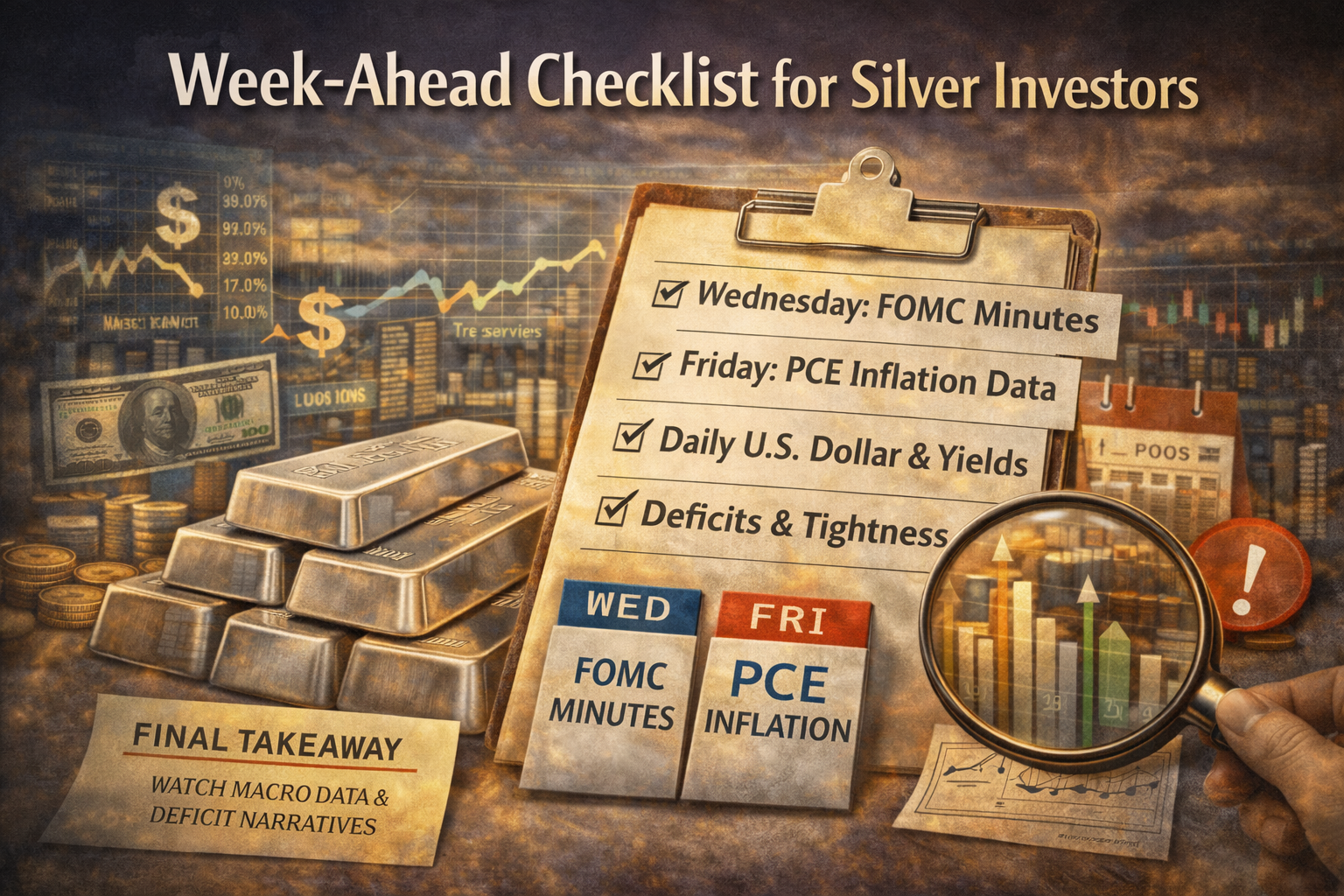 A realistic silver market checklist highlighting key macro events, Fed Minutes, PCE inflation data, and narratives investors are watching in the week ahead.