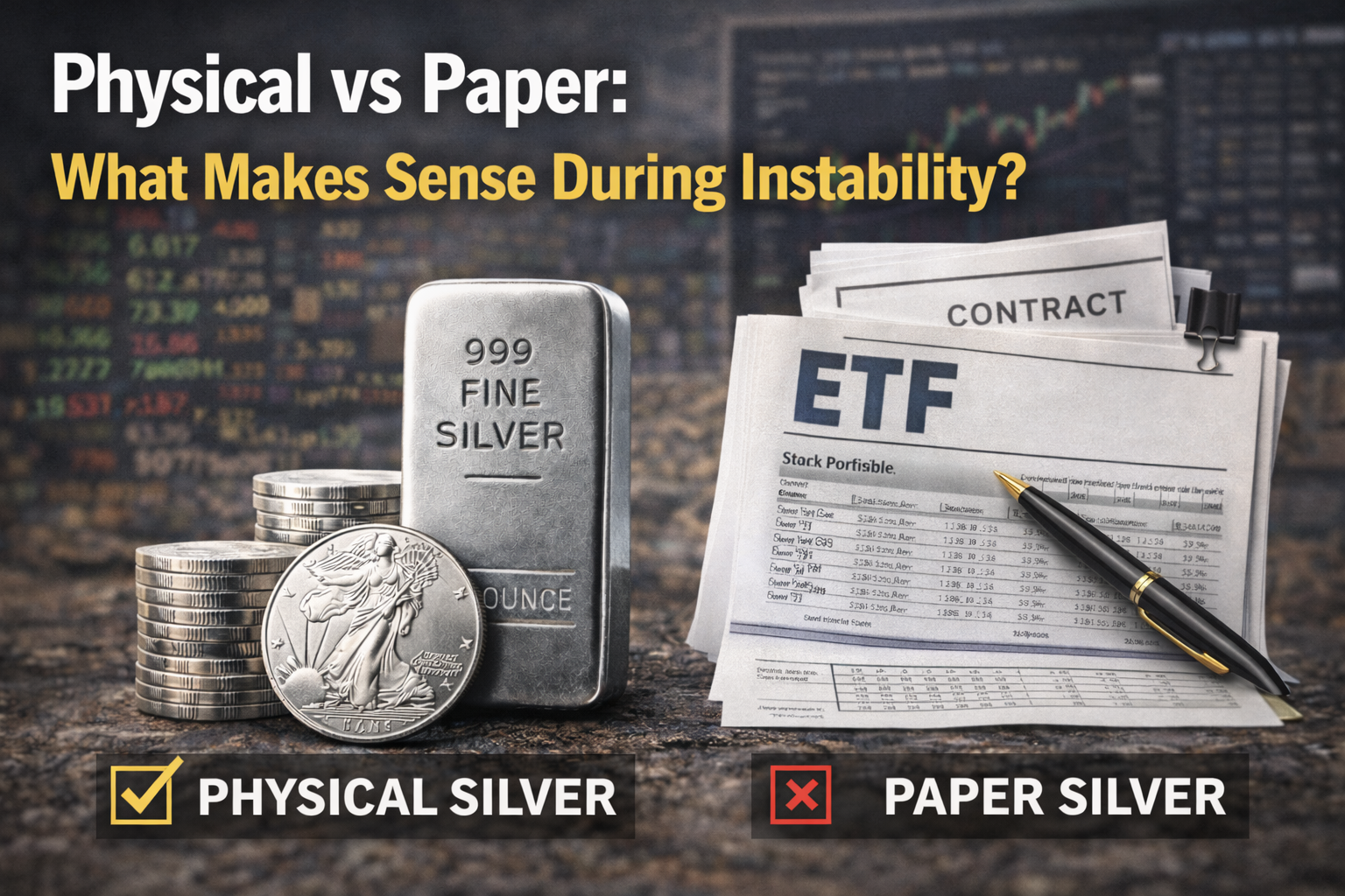 999 fine silver bar and coins next to ETF contract documents comparing physical silver and paper silver risk during market instability