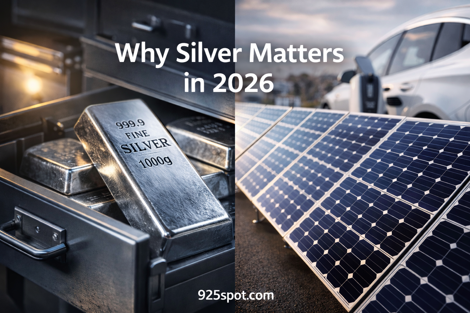 A split image showing silver bars with a label reading 999.9 fine silver, 1000 grams on the left, and solar panels with a car and charging station in the background on the right, with text overlay "Why Silver Matters in 2026" and the website "925spot.com".