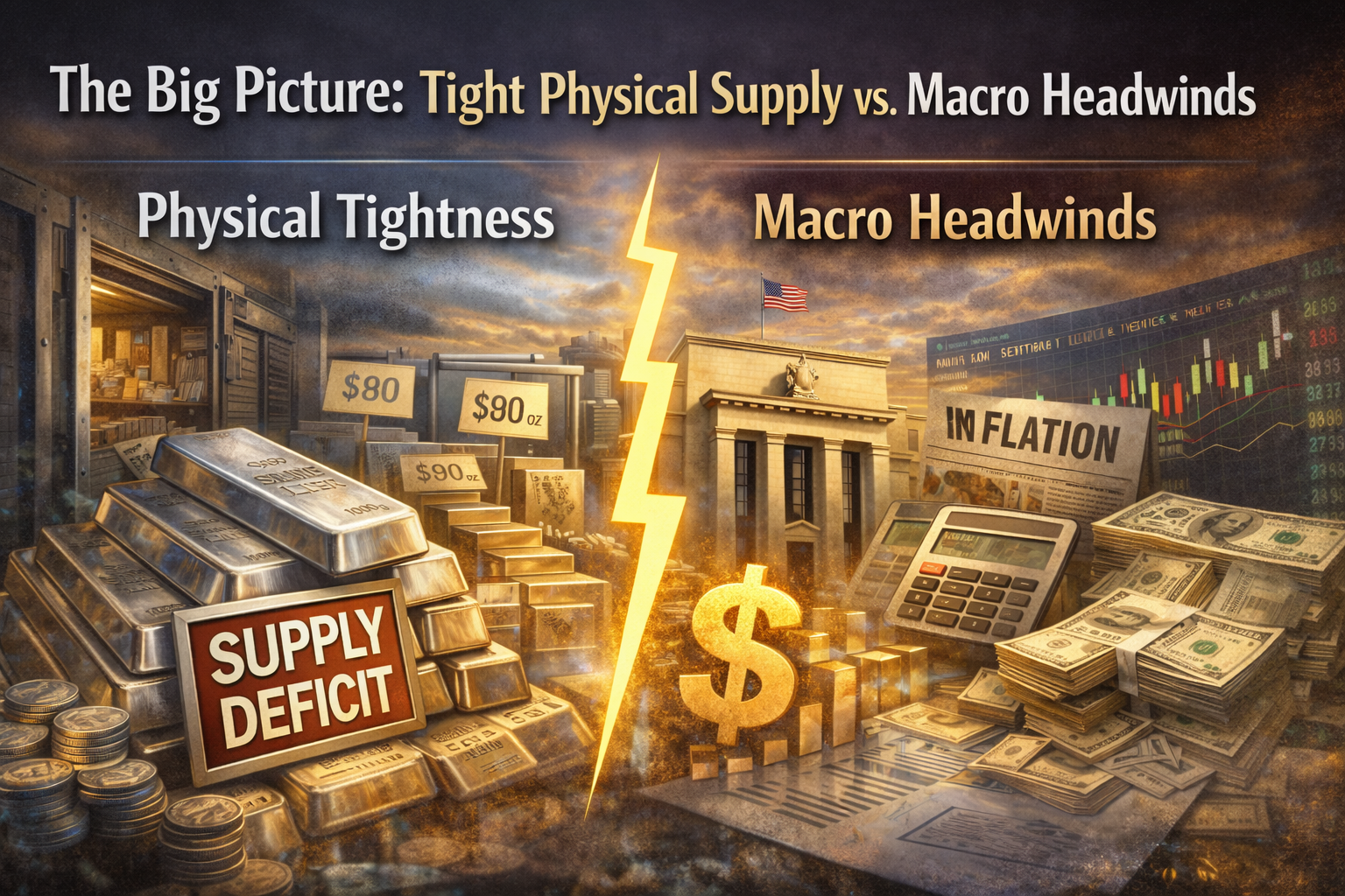 A realistic silver market visual showing tight physical supply, structural deficits, and macroeconomic headwinds shaping silver prices in 2026.