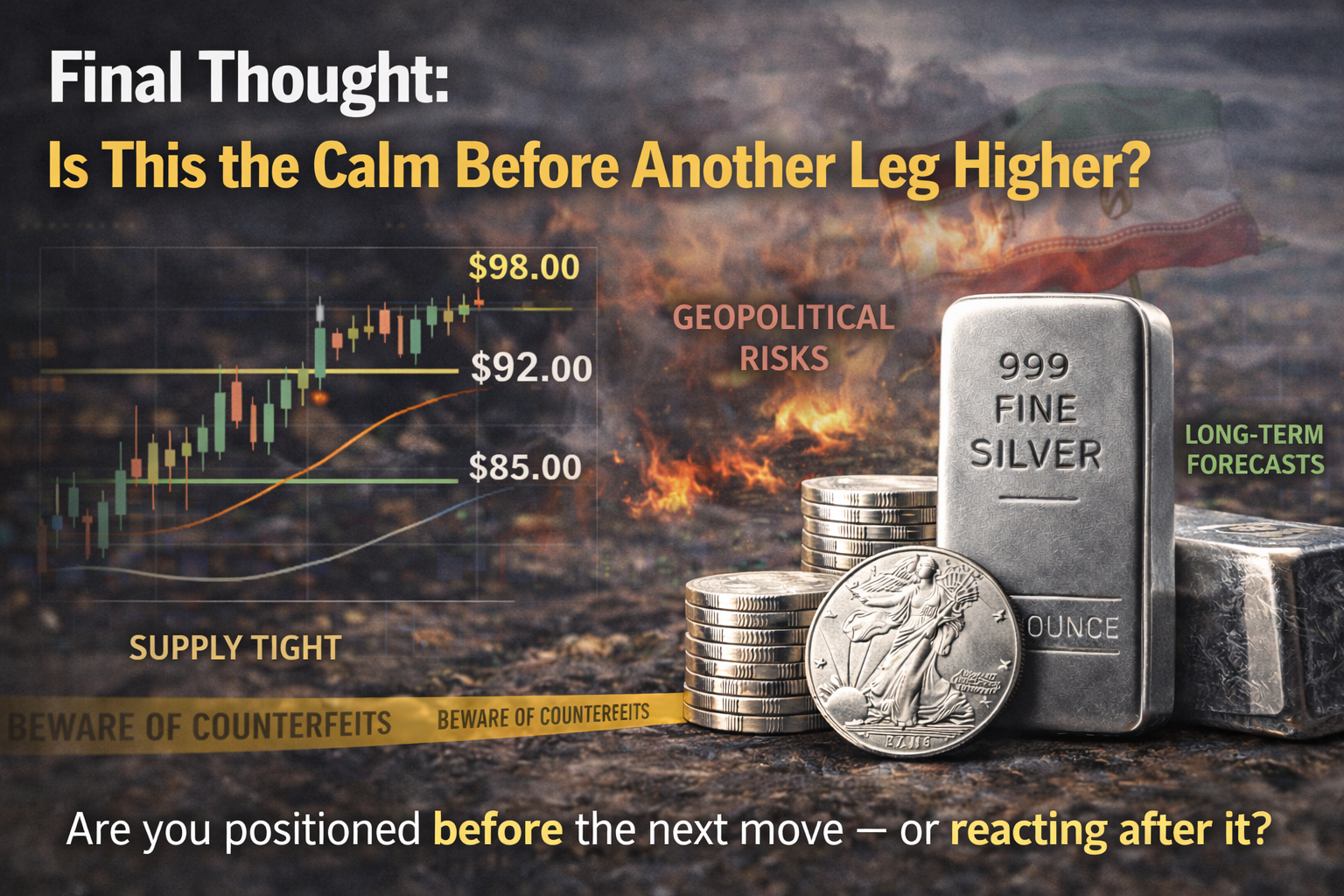 999 fine silver bar and coins with rising price chart and geopolitical backdrop representing potential silver breakout in 2026