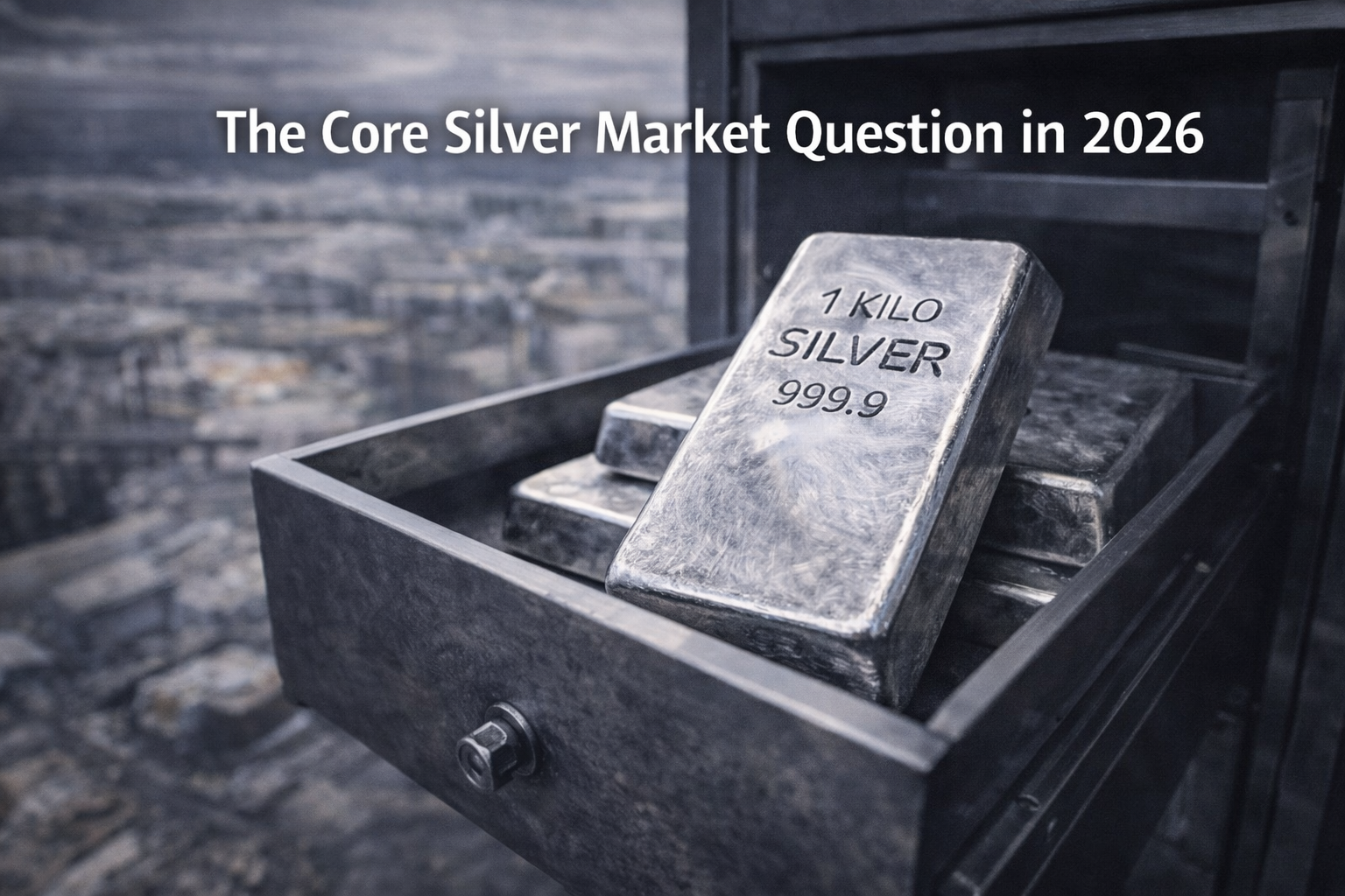 Silver bars inside a black box, with one bar displaying '1 KILO SILVER 999.9', and the background features a gray stone wall. Overlaid text reads 'The Core Silver Market Question in 2026'.
