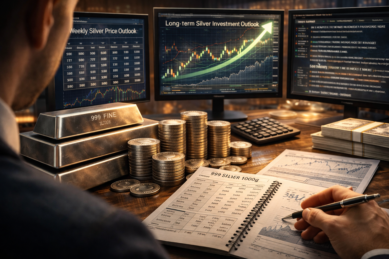 Silver bars and coins with financial charts and analyst reviewing weekly silver price outlook and long term precious metals investment strategy
