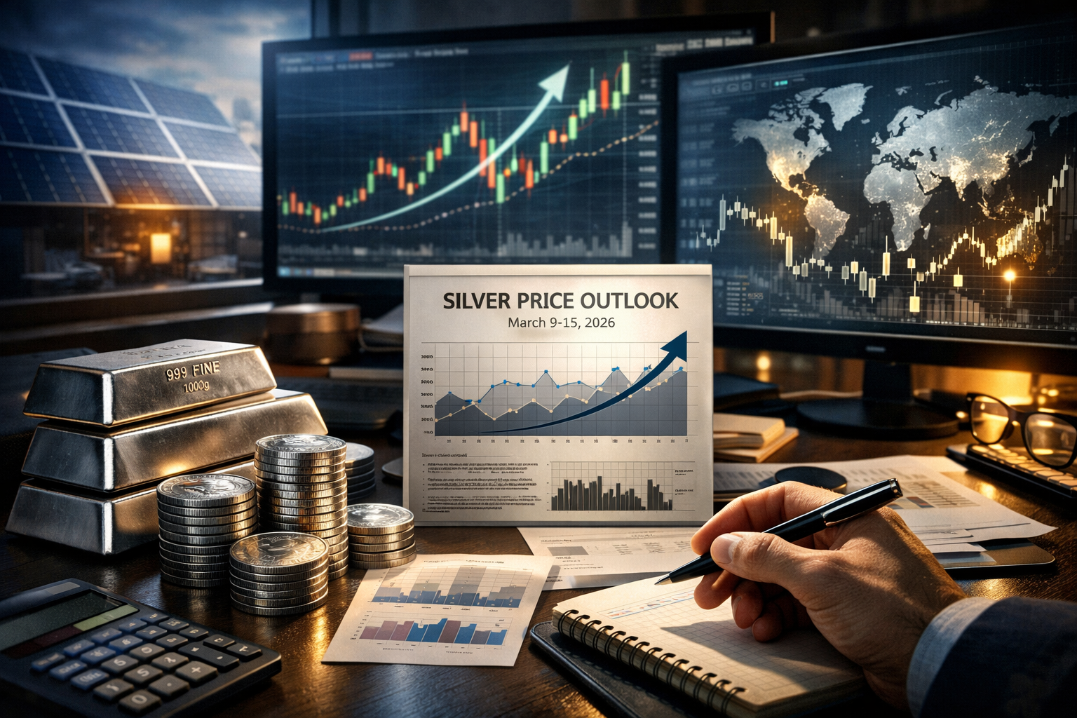 Silver price outlook and market analysis showing physical silver bars, coins, and financial charts representing precious metals investing and industrial demand trends