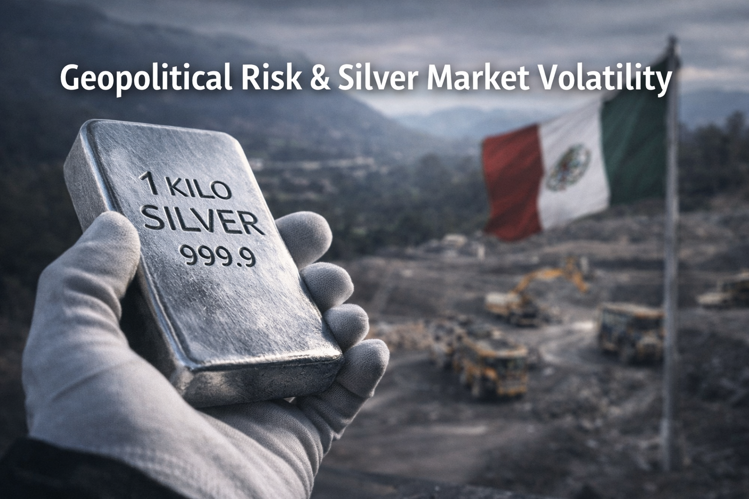1kg silver bar held in gloved hand with blurred mining operation background representing geopolitical supply risk and silver market volatility