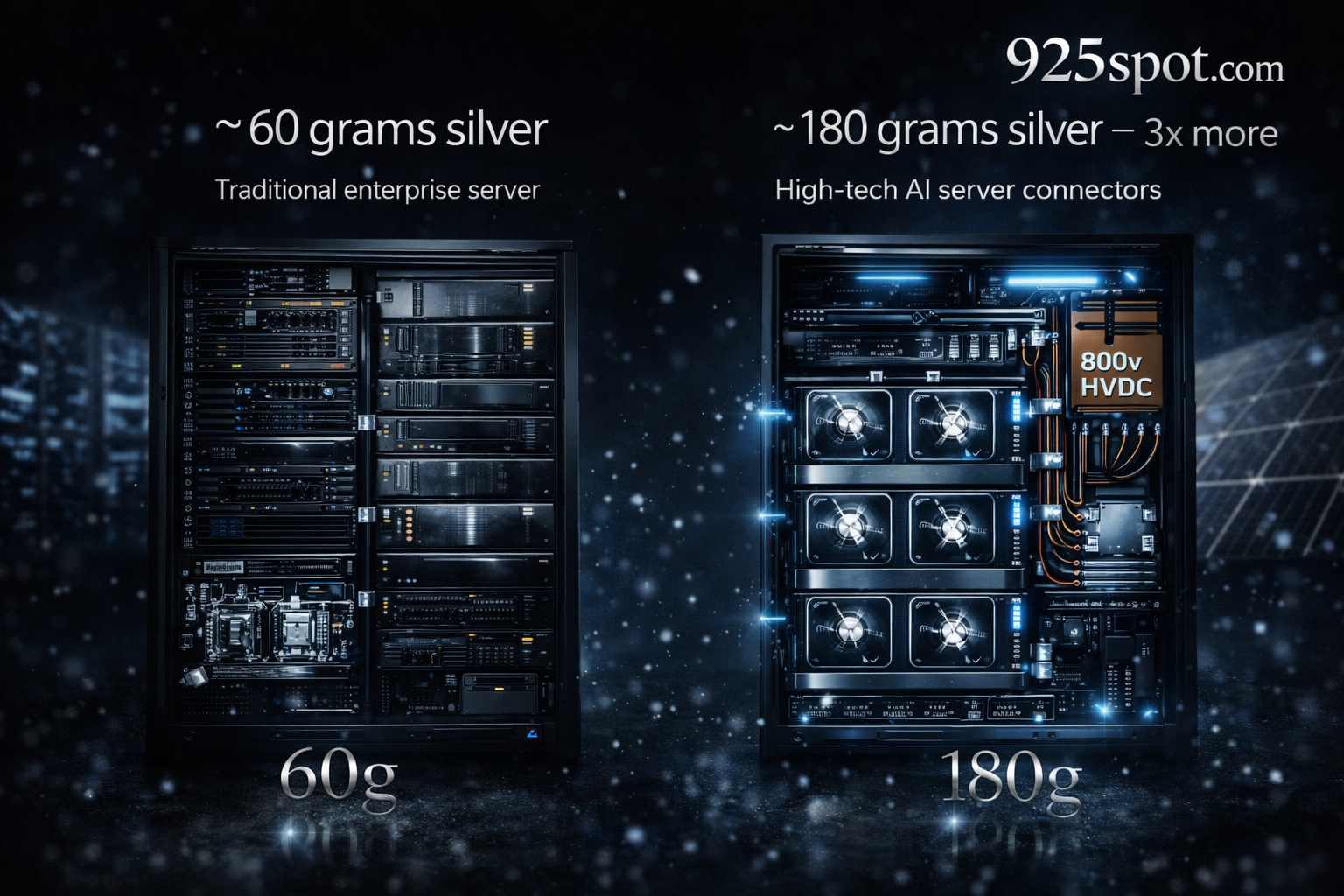 Comparison of traditional enterprise servers using about 60 grams of silver versus modern AI servers using around 180 grams, highlighting how artificial intelligence data centers are rapidly increasing industrial silver demand in 2026.