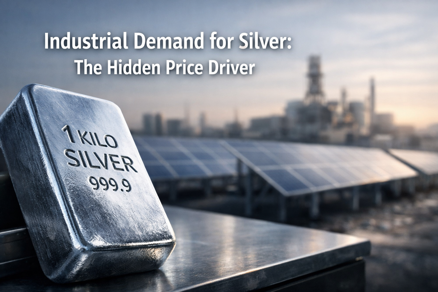 1kg silver bar in sharp focus with blurred solar panel facility in background representing industrial demand driving silver prices