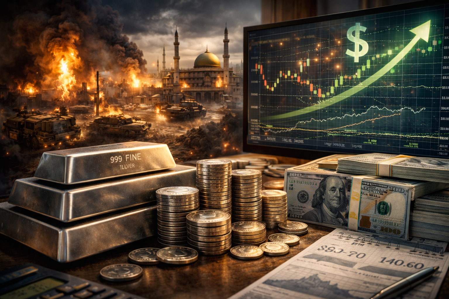 Silver bars and coins beside financial charts illustrating silver safe haven demand during geopolitical tensions and strong US dollar