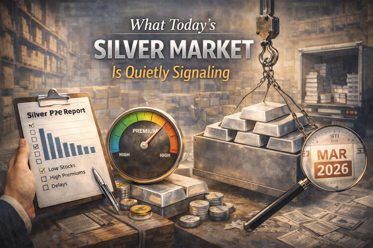 Realistic illustration showing physical signals in today’s silver market, including low inventories, rising premiums, delivery delays, and a potential 2026 inflection point.