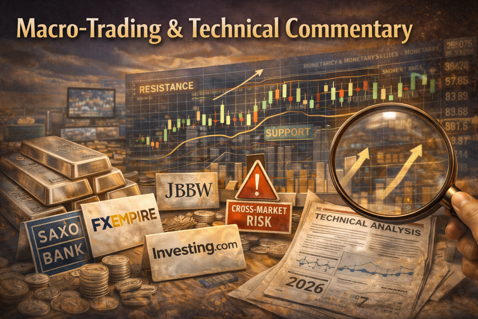 A realistic silver market image illustrating macro-trading signals, technical analysis, and volatility as analysts assess silver price direction in 2026.