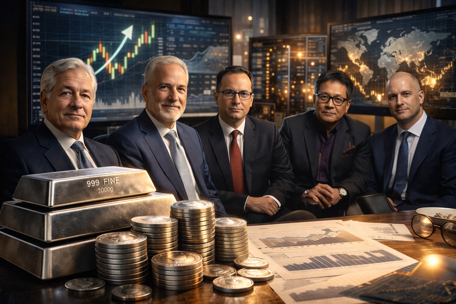 Financial experts analyzing silver price forecasts and precious metals market trends with silver bars and investment charts