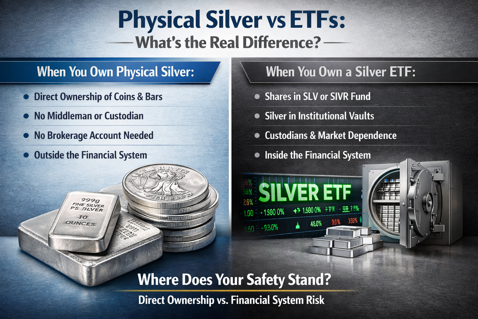 Physical silver coins and bars compared to silver ETFs, showing direct metal ownership versus financial system exposure