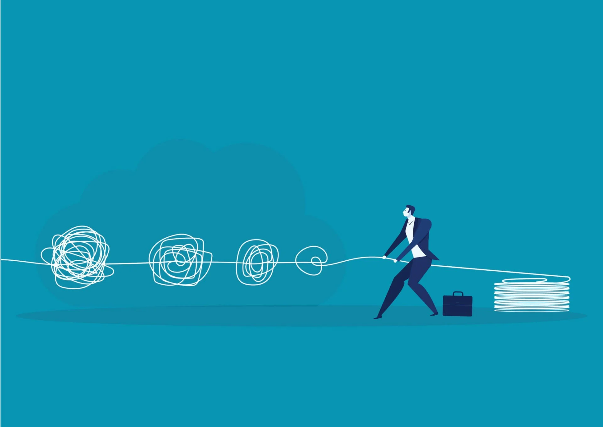 Illustration of a businessman pulling a tangled line, representing a complex problem, with a briefcase nearby and a coiled wire.