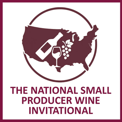 A logo featuring a wine bottle, glass, and grapes inside a map of the United States with text 'The National Small Producer Wine Invitational' below.
