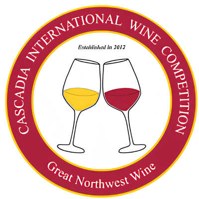 Logo for Cascadia International Wine Competition featuring two wine glasses, one with yellow wine and the other with red wine, surrounded by a red and green border with event name and tagline.