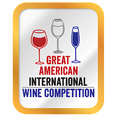 Logo for the Great American International Wine Competition featuring three wine glasses in red, black, and blue, with text below saying "GREAT AMERICAN INTERNATIONAL WINE COMPETITION".