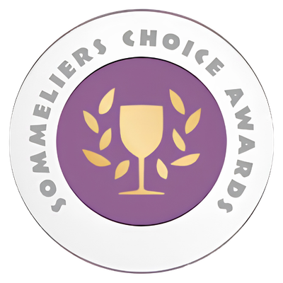 A circular award badge with a purple center, gold laurel leaves, and a gold wine glass in the middle. The outer ring reads 'Sommelier's Choice Award.'