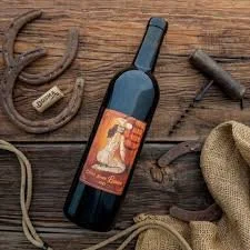 A bottle of red wine on a wooden surface, surrounded by climbing gear including a harness, an anchor, a carabiner, and a rope.