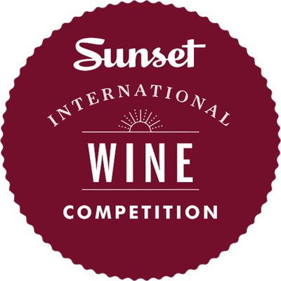 Sunset International Wine Competition logo with a maroon background and white text