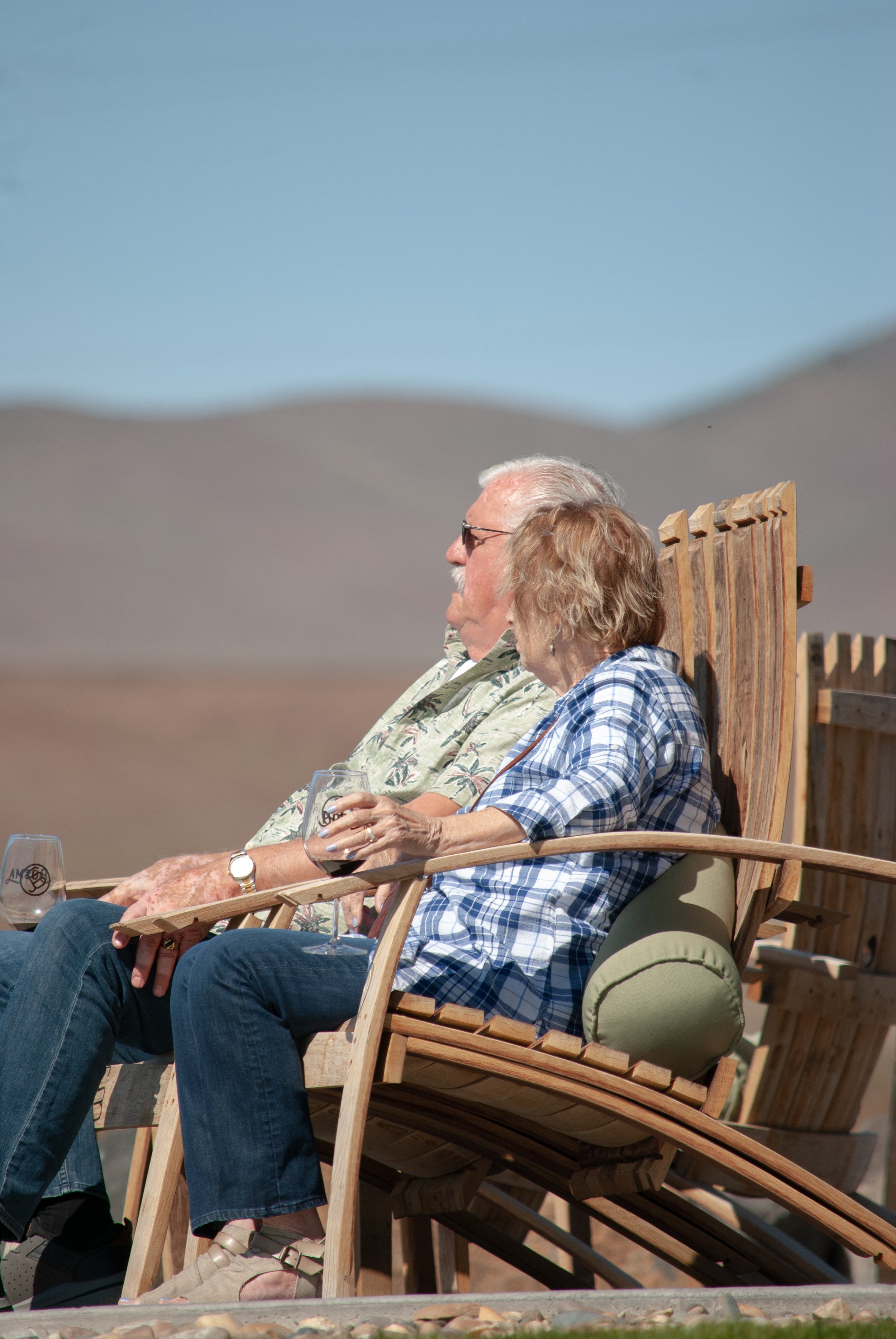 Three elderly individuals sitting on wooden chairs outdoors with mountains and clear sky in the background, one holding a glass of red wine.