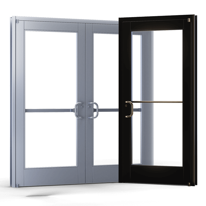 Two glass doors, one silver and one black, with metal handles, separated and partly open, set against a black background.