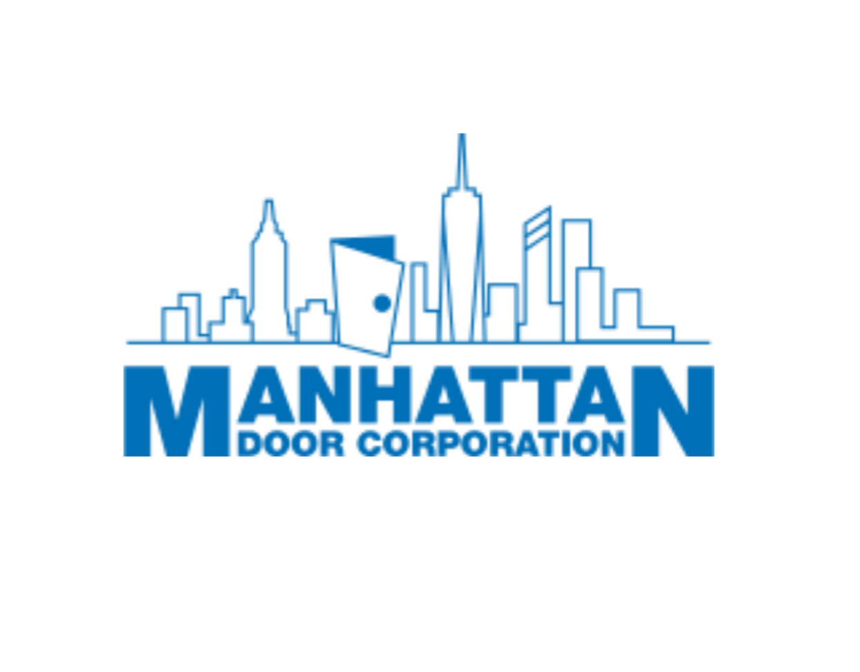 Logo with a city skyline and the text 'MANHATTAN DOOR CORONA' in blue.