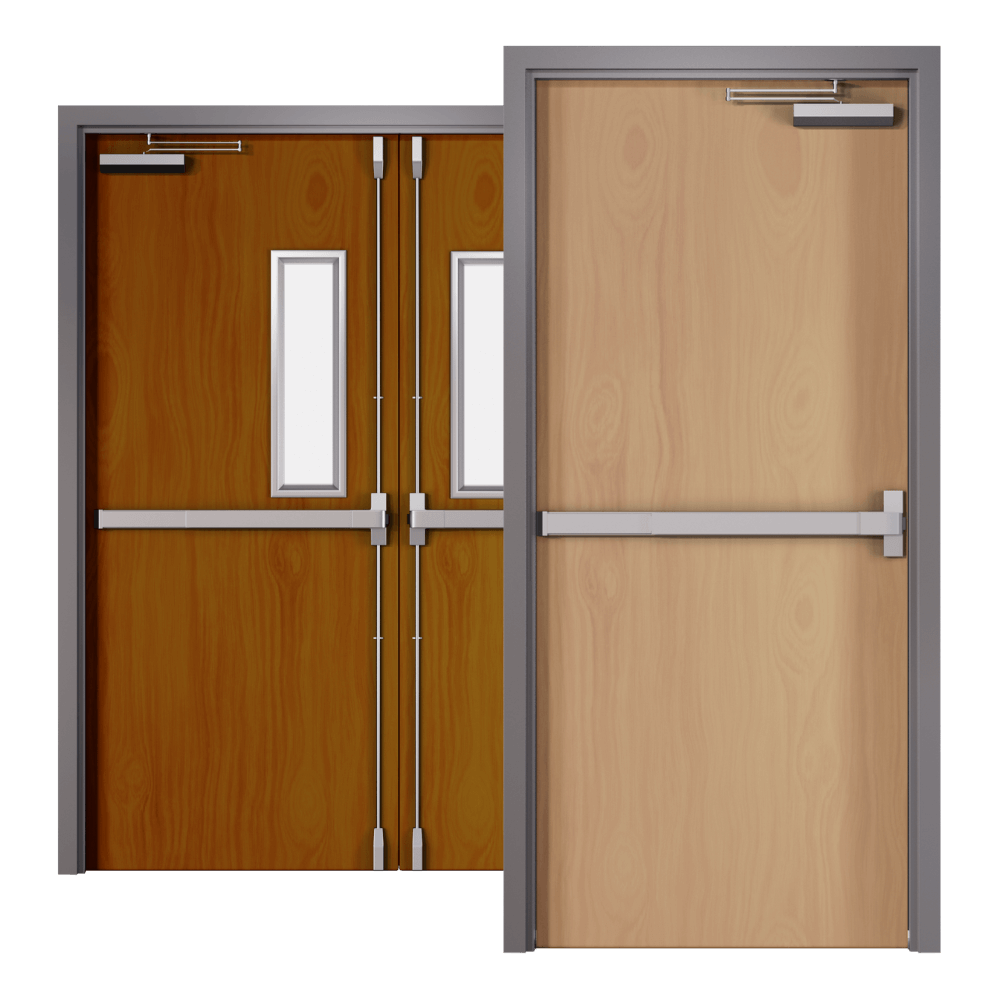 Double wooden doors, one with a window, and a single wooden door, all with push bars for emergency exit, framed in gray metal.